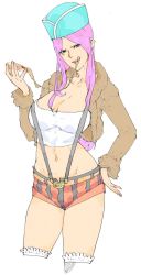 Rule 34 | 1girl, blue eyes, breasts, cleavage, coat, eating, female focus, food, fur coat, hand on own hip, hat, highres, hip focus, jacket, jewelry bonney, kyuraa (kyura9een), large breasts, looking at viewer, midriff, one piece, pants, piercing, pink hair, pizza, shirt, shorts, simple background, solo, striped clothes, striped pants, striped shorts, suspenders, thighhighs, tongue, white shirt