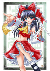 Rule 34 | 1girl, :d, black hair, blue eyes, bow, female focus, frilled skirt, frills, hair bow, hair tubes, hakurei reimu, looking at viewer, mary janes, midriff, navel, open mouth, red bow, red skirt, shoes, short hair, sidelocks, skirt, smile, solo, standing, standing on one leg, stomach, touhou, white legwear, yumeori amu