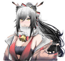 Rule 34 | 1girl, absurdres, aburaage here, animal ears, arknights, bad id, bad pixiv id, bandeau, bare shoulders, bell, black gloves, breasts, cat ears, commentary, fake antlers, fingerless gloves, gloves, hair between eyes, highres, jacket, long hair, long sleeves, looking at viewer, medium breasts, off shoulder, open clothes, open jacket, parted lips, pink jacket, scarf, schwarz (arknights), schwarz (presents) (arknights), silver hair, simple background, solo, strapless, tube top, upper body, white background, white scarf, yellow eyes