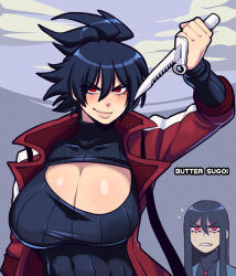 Rule 34 | 1boy, 1girl, artist name, black hair, breasts, butter sugoi, cleavage, clenched teeth, frown, hair between eyes, holding, holding knife, huge breasts, jacket, knife, lips, long hair, medium hair, original, ponytail, red eyes, red jacket, reverse grip, ribbed sweater, smile, sweater, teeth, turtleneck, turtleneck sweater, v-shaped eyebrows