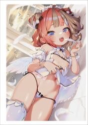 Rule 34 | 1girl, ahoge, angel, arch, babydoll, bangle, bare shoulders, bird, blue eyes, bow, bow panties, bra, bracelet, breasts, clothes lift, cloud, cone hair bun, cowboy shot, detached sleeves, double bun, dove, feathered wings, feathers, flock, grey hair, hair bow, hair bun, henreader, highres, holding, holding feather, jewelry, lifted by self, looking at viewer, lying, multicolored hair, navel, non-web source, on side, open mouth, original, panties, pink hair, ring, short hair, side-tie panties, single thighhigh, skindentation, sky, small breasts, smile, solo, teeth, thigh gap, thighhighs, tongue, two-tone bra, two-tone hair, two-tone panties, underwear, white bra, white feathers, white panties, white thighhighs, white wings, wings