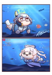 Rule 34 | 2girls, 2koma, absurdres, air bubble, artist name, black eyes, black mouth, blue archive, bodysuit, bow, bow-shaped hair, bubble, chibi, comic, commentary, crossover, diving suit, english commentary, facebook logo, fish, flippers, full body, genshin impact, goggles, green halo, grey hair, halo, highres, kuroij, long hair, long sleeves, multiple girls, open mouth, pink hair, ponytail, sacabambaspis, saki (blue archive), saki (swimsuit) (blue archive), sangonomiya kokomi, school of fish, short hair, silent comic, snorkel, solid circle eyes, swimming, triangle mouth, twitter logo, twitter username, underwater, watermark, wetsuit, youtube logo