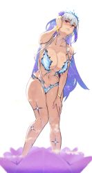 Rule 34 | 1girl, absurdres, bare shoulders, blue fire, blue hair, blush, body markings, bracelet, breasts, earrings, fate/grand order, fate (series), fire, flower, hair flower, hair ornament, highres, jewelry, kama (fate), kama (swimsuit avenger) (fate), kama (swimsuit avenger) (third ascension) (fate), large breasts, long hair, looking at viewer, lotus, multicolored hair, nail polish, navel, red eyes, silver hair, smile, solo, star (symbol), star earrings, thighs, two-tone hair, zumizu