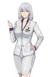Rule 34 | 1girl, alternate costume, breasts, cleavage, collar, corrupted twitter file, cowboy shot, finger heart, girls&#039; frontline, grey hair, grey shirt, grey skirt, hand on own hip, highres, id card, jacket, lapels, large breasts, long sleeves, looking at viewer, office lady, parted lips, purple eyes, rpk-16 (girls&#039; frontline), rpk-16 (renate) (girls&#039; frontline), seilindekos, shirt, short hair, skirt, smile, solo, suit jacket, teeth, tight clothes, white collar