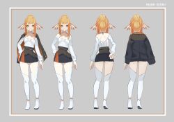Rule 34 | 1girl, asymmetrical legwear, backless shirt, black jacket, black skirt, braid, breasts, brown hair, commentary request, copyright request, fins, grey background, hair bun, head fins, highres, hip vent, jacket, jacket on shoulders, long hair, multiple views, natori youkai, pleated skirt, shirt, shoe soles, shoes, sidelocks, simple background, skirt, small breasts, standing, thighhighs, virtual youtuber, white footwear, white shirt, white thighhighs