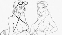 Rule 34 | 2girls, ball, beachball, bikini, bikini top only, breasts, earrings, goggles, goggles on head, highres, jewelry, joy boy, large breasts, long hair, looking at viewer, monochrome, multiple girls, nami (one piece), nico robin, one piece, ribbon, serious, sketch, swimsuit, upper body