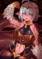 Rule 34 | 1girl, ahoge, animal hands, armpits, bare shoulders, basilisk (monster girl encyclopedia), blue hair, blunt bangs, blush, blush stickers, breasts, bright pupils, circlet, claws, clothing cutout, eupheilla (azuriu), feathers, fingernails, hair between eyes, jewelry, lamia, large breasts, looking at viewer, monster girl, monster girl encyclopedia, navel cutout, original, osiimi, pointy ears, saliva, scales, see-through, sharp fingernails, short hair, slit pupils, smile, solo, tongue, tongue out, yellow eyes