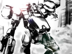 Rule 34 | armored core, armored core 3, backlighting, cowboy shot, from software, greyscale, gun, holding, holding gun, holding weapon, kappamaru, mecha, monochrome, no humans, robot, science fiction, sketch, smoke, standing, weapon