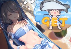 Rule 34 | 1girl, absurdres, acacia (snowbreak), ahoge, bare shoulders, blue bow, bow, closed eyes, detached sleeves, dreaming, drooling, fish, grey hair, hair ornament, hammock, highres, navel, open mouth, puffy detached sleeves, puffy sleeves, pynha, snowbreak: containment zone, solo, swimsuit, tree shade