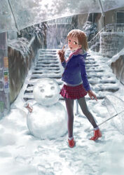 Rule 34 | 1girl, black pantyhose, blue jacket, blush, brown eyes, brown footwear, brown hair, can, drink can, footprints, highres, jacket, miniskirt, open mouth, original, pantyhose, plaid, plaid skirt, pov, red footwear, red scarf, scarf, skirt, snow, snowing, snowman, socks, soda can, solo, stairs, teeth, transparent, transparent umbrella, umbrella, upper teeth only, utility pole, v, white socks, winter, yamamoto suzume