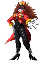 Rule 34 | 1girl, big hair, blue-tinted eyewear, blue eyes, bodystocking, breasts, brown hair, coattails, covered navel, cropped jacket, crossover, crown, dr. eggman, eggma&#039;am, full body, genderswap, genderswap (mtf), gloves, goggles, goggles on head, grin, hand on own hip, high heels, highres, jacket, large breasts, long hair, looking at viewer, mario (series), messy hair, new super mario bros. u deluxe, nintendo, outstretched hand, red jacket, rimless eyewear, round eyewear, smile, solo, sonic (series), sonic the hedgehog (classic), standing, super crown, tina fate, tinted eyewear, white gloves, zipper, zipper pull tab