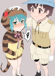 Rule 34 | 1boy, 1girl, absurdres, bike shorts, bike shorts under shorts, blue hair, blush, brown hair, captain (kemono friends), collared shirt, commentary request, embarrassed, gloves, green eyes, hand on another&#039;s head, hands in pockets, highres, hood, hood up, hoodie, kemono friends, kemono friends 3, khakis, kumasyan1998, long sleeves, print hoodie, sandals, shirt, short hair, short sleeves, shorts, snake print, snake tail, t-shirt, tail, tsuchinoko (kemono friends), uniform, white gloves