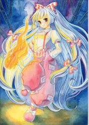 Rule 34 | 1girl, bamboo, bamboo forest, blue theme, female focus, fire, forest, fujiwara no mokou, hair ribbon, hand in pocket, jino, long hair, long sleeves, nature, painting (medium), red eyes, ribbon, sample watermark, silver hair, smile, solo, standing, standing on one leg, suspenders, touhou, traditional media, very long hair, watercolor (medium), watermark