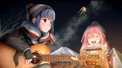 Rule 34 | 2girls, :d, ^ ^, beige gloves, black gloves, black jacket, blue hair, blurry, blurry background, blush, campfire, casino (casinoep), closed eyes, closed mouth, commentary request, depth of field, fingerless gloves, fingernails, fire, gloves, guitar, hair between eyes, harmonica, highres, holding, holding instrument, instrument, jacket, kagamihara nadeshiko, long hair, long sleeves, looking at another, looking away, mount fuji, multiple girls, nail polish, night, night sky, open mouth, outdoors, pink hair, pink nails, purple eyes, rocket tent, scarf, shima rin, sidelocks, sitting, sky, smile, star (sky), starry sky, striped clothes, striped scarf, teeth, tent, upper teeth only, yurucamp