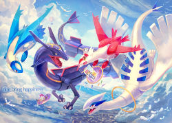Rule 34 | aircraft, ash ketchum, bird, black sclera, blue sky, building, city, claws, closed eyes, cloud, colored sclera, creatures (company), day, dragon, drawing (object), dutch angle, english text, engrish text, eye contact, fangs, flying, full body, game freak, gen 1 pokemon, gen 2 pokemon, gen 3 pokemon, gen 6 pokemon, happy, highres, hoopa, hoopa (confined), horns, hot air balloon, latias, latios, legendary pokemon, looking at another, lugia, meowth, mythical pokemon, nagakura (seven walkers), nintendo, no humans, open mouth, paper, pencil, pikachu, pokemon, pokemon (anime), pokemon (creature), pokemon the movie: hoopa and the clash of ages, pokemon xy (anime), ranguage, rayquaza, red eyes, sharp teeth, sky, skyscraper, smile, swablu, teeth, wingull, yellow eyes, yellow sclera