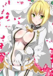 Rule 34 | 10s, 1girl, ahoge, belt, belt skirt, blonde hair, blush, bodysuit, breasts, bridal veil, catsuit, center opening, chain, cowboy shot, fate/extra, fate/extra ccc, fate (series), full-length zipper, gloves, gluteal fold, green eyes, hair intakes, hara (harayutaka), head wreath, heart, heart background, highres, large breasts, lock, looking at viewer, nero claudius (bride) (fate), nero claudius (fate), nero claudius (fate) (all), padlock, parted lips, short hair, solo, triangle mouth, unzipped, veil, white bodysuit, white gloves, zipper