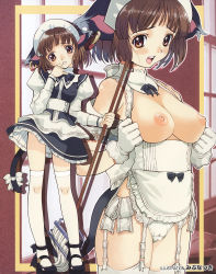Rule 34 | 1girl, animal ears, apron, arms at sides, breasts, brown eyes, brown hair, cameltoe, cat ears, cat tail, clothes lift, comic megaplus, corset, crotch seam, earrings, garter straps, gloves, highres, jewelry, lingerie, looking at viewer, magazine scan, maid, maid headdress, mary janes, medium breasts, mibu natsuki, mop, nipples, original, panties, ribbon, scan, shoes, skindentation, skirt, skirt lift, tail, thighhighs, topless, underwear, white panties, wind, wind lift, zettai ryouiki