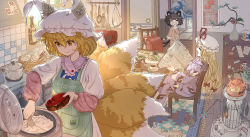 Rule 34 | 3girls, ahoge, animal ears, animal hat, apron, artist name, backpack, bag, black hair, blonde hair, bottle, bow, bowl, breakfast, buttons, calendar (object), carpet, cat ears, cat tail, cat teaser, chair, chen, chopsticks, closed eyes, closed mouth, clothes writing, coffee pot, commentary request, cup, dahuang, daruma doll, dated, dishes, dress, fox tail, hair between eyes, hair bow, hat, hat ribbon, highres, indoors, knife, long hair, looking down, mob cap, mouse (animal), multiple girls, ofuda, pajamas, plant, pot, potted plant, randoseru, red bow, red ribbon, ribbon, rice, rice bowl, rice cooker, saucer, shamoji, sitting, sleepy, smile, spatula, sticker, stove, tail, teacup, teapot, tears, touhou, vase, white dress, white hat, window, yakumo ran, yakumo yukari, yawning, yellow eyes
