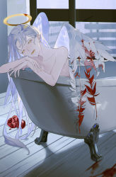 Rule 34 | 1girl, absurdres, angel, angel wings, bathtub, bleeding, blood, blood stain, bloody wings, building, collarbone, completely nude, dripping, feathers, food, fruit, grey hair, half-closed eyes, halo, highres, indoors, injury, long hair, looking at viewer, lower teeth only, nude, open mouth, original, parai0, pomegranate, rain, reflection, solo, teeth, wet, wings, wooden floor, yellow eyes