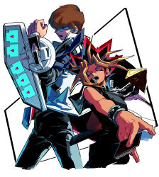 Rule 34 | 2boys, black pants, blonde hair, blue eyes, blurry, brown hair, card, chain, chain necklace, clenched hand, coat, duel disk, dyed bangs, glowing, glowing eyes, hand up, holding, holding card, jacket, jewelry, kaiba seto, kokusoji, looking at viewer, male focus, millennium puzzle, multicolored hair, multiple boys, necklace, open clothes, open coat, open mouth, pants, shirt, simple background, solo, spiked hair, teeth, white background, white coat, yami yuugi, yu-gi-oh!, yu-gi-oh! duel monsters