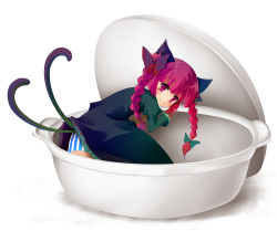 Rule 34 | 1girl, :3, animal ears, braid, casual, cat ears, cat girl, cat tail, cup, dress, female focus, hair ribbon, highres, in container, in cup, kaenbyou rin, long hair, mini person, minigirl, multiple tails, nabe, noi (noi 2y), panties, pantyshot, red eyes, red hair, ribbon, solo, striped clothes, striped panties, tail, touhou, twin braids, twintails, underwear