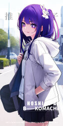 Rule 34 | 1girl, artist name, bag, black skirt, check commentary, closed mouth, commentary request, english text, hair ornament, hand in pocket, highres, hood, hooded jacket, hoshino ai (oshi no ko), jacket, multicolored hair, one side up, oshi no ko, pleated skirt, purple eyes, purple hair, purple nails, rabbit hair ornament, school bag, skirt, solo, star-shaped pupils, star (symbol), streaked hair, sweater, symbol-shaped pupils, tongue, tongue out, white jacket, white sweater, zero2212