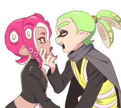 Rule 34 | 1boy, 1girl, agent 3 (splatoon), agent 8 (splatoon), cape, chocolate, crop top, dark-skinned female, dark skin, dede (qwea 00000), eye contact, face grab, fangs, food, green hair, hetero, inkling, inkling boy, inkling player character, light blush, looking at another, midriff, mouth hold, nintendo, octoling, octoling girl, octoling player character, open mouth, pointy ears, ponytail, red eyes, simple background, splatoon (series), splatoon 2, splatoon 2: octo expansion, tentacle hair, white background, yellow eyes