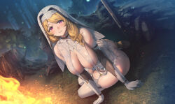 Rule 34 | 1girl, absurdres, ass, bare shoulders, blonde hair, blush, breast curtains, breasts, butt crack, campfire, cleavage, dress, elbow gloves, fire, forest, garter belt, gloves, habit, headdress, headwear request, highres, hiyashi mirano, large breasts, lingerie, long hair, looking at viewer, nature, night, nipples, no bra, non-web source, nun, original, outdoors, parted lips, purple eyes, see-through, sitting, smile, solo, thighhighs, thighs, underwear, veil, white gloves, white thighhighs