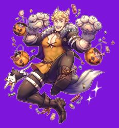 Rule 34 | 1boy, absurdres, animal costume, animal ears, bara, blonde hair, blush, brown pants, bulge, candy, cleavage cutout, clothing cutout, covered abs, food, full body, granblue fantasy, green eyes, halloween, halloween costume, highres, jack-o&#039;-lantern, long shirt, male focus, muscular, oneirio, orange shirt, pants, pectoral cleavage, pectorals, shirt, shoes, short hair, solo, tail, thick thighs, thighs, vane (granblue fantasy), wolf boy, wolf costume, wolf ears, wolf paws, wolf tail