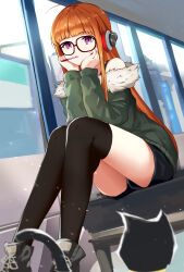 Rule 34 | 1girl, 1other, absurdres, black shorts, black thighhighs, cat, day, desk, food in mouth, fur-trimmed jacket, fur trim, glasses, green jacket, headphones, highres, indoors, jacket, jinyu, long hair, looking at viewer, morgana (persona 5), on desk, orange hair, persona, persona 5, pocky, pocky in mouth, purple eyes, sakura futaba, shoes, short shorts, shorts, sitting, on desk, solo focus, thighhighs, window