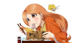Rule 34 | 1girl, :t, brown eyes, chopsticks, copyright request, creature, eating, food, food on face, from side, glass, haori, highres, holding, holding chopsticks, japanese clothes, kimono, long hair, long sleeves, low-tied long hair, noodles, orange hair, ramen, shrimp, shrimp tempura, simple background, soba, solo, taka (takahirokun), tempura, white background, wide sleeves