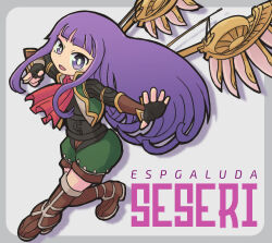 Rule 34 | 1girl, ascot, black gloves, blunt bangs, boots, border, bright pupils, brown footwear, character name, copyright name, drop shadow, espgaluda, fingerless gloves, gloves, golden wings, green shorts, green vest, grey border, long hair, mechanical wings, open clothes, open mouth, open vest, puffy shorts, purple eyes, purple hair, red ascot, seseri (espgaluda), seseringo, shorts, solo, thigh boots, vest, white pupils, wings