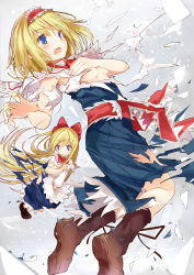 Rule 34 | 2girls, alice margatroid, apron, blonde hair, blue dress, blue eyes, blush, boots, boroe, bow, breasts, brown footwear, capelet, covering privates, covering breasts, doll, doll joints, dress, dress tug, efe, from side, gradient background, hair between eyes, hair ribbon, hairband, highres, joints, long hair, looking at viewer, looking back, maid headdress, multiple girls, reaching, reaching towards viewer, ribbon, shanghai doll, shirt, short hair, skirt, small breasts, torn clothes, torn dress, torn shirt, torn skirt, torn sleeves, touhou, underboob, waist apron