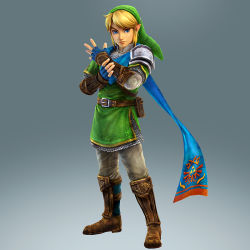 Rule 34 | 1boy, armor, belt, blonde hair, blue eyes, boots, chainmail, fingerless gloves, full body, gauntlets, gloves, gradient background, hat, hyrule warriors, link, looking at viewer, male focus, nintendo, official art, pointy ears, scarf, short hair, shoulder pads, solo, the legend of zelda, triforce, tunic
