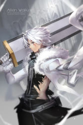 Rule 34 | 1boy, abs, allen walker, amputee, artist name, carrying over shoulder, character name, church, closed mouth, cowboy shot, crown, d.gray-man, facial mark, from side, frown, fur trim, gloves, grey eyes, holding, holding sword, holding weapon, huge weapon, long sleeves, male focus, over shoulder, parted bangs, solo, spiked hair, swd3e2, sword, torn clothes, uniform, unworn crown, unworn headwear, weapon, weapon over shoulder, white gloves, white hair, wind