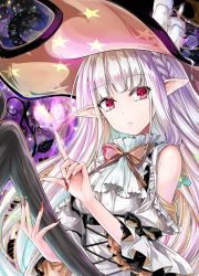 Rule 34 | 1girl, azur lane, bare shoulders, blunt bangs, braid, candle, commentary request, erebus (azur lane), erebus (wardrobe witchery) (azur lane), fingernails, halloween, hat, heart, index finger raised, long fingernails, long hair, looking at viewer, magic, nail polish, parted lips, pointy ears, red eyes, red nails, silver hair, solo, star (symbol), star print, very long hair, witch hat, y2