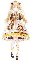 Rule 34 | 1girl, :o, apron, black footwear, blonde hair, blue eyes, braid, chinese commentary, doll joints, frilled socks, frills, hairband, heterochromia, highres, joints, lolita fashion, lolita hairband, maesond, nabi (uz02), official art, open mouth, plaid, plaid apron, plaid skirt, second-party source, skirt, socks, solo, striped clothes, striped socks, tomo (maesond), transparent background, twin braids, virtual youtuber, yellow eyes
