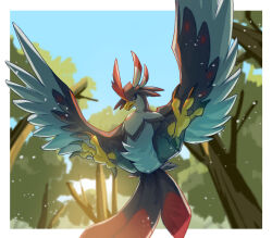 Rule 34 | animal focus, beak, bird, bird tail, bird wings, blue sky, claws, commentary request, day, feathered wings, feathers, forest, highres, kirkphoenix, nature, nitewing, no humans, palworld, sky, tail, tree, wings