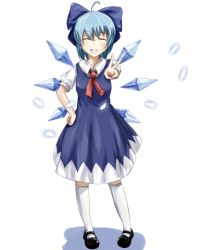 Rule 34 | 1girl, ahoge, bad id, bad pixiv id, blue dress, blue hair, bow, cirno, closed eyes, dress, grin, hair bow, hand on own hip, highres, ice, ice wings, kotou (ko-tou), puffy short sleeves, puffy sleeves, shirt, short sleeves, smile, solo, touhou, v, wings