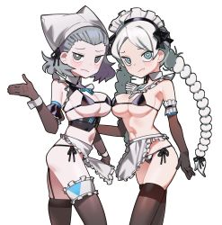Rule 34 | 2girls, absurdres, ahoge, alternate costume, apron, bare shoulders, bikini, black legwear, blue eyes, braid, breasts, commission, commissioner upload, cosplay, cuffs, detached collar, elbow gloves, fire emblem, fire emblem fates, frilled gloves, frills, garter straps, gloves, grey eyes, grey hair, head scarf, highres, looking at viewer, maid, maid apron, maid bikini, maid headdress, medium breasts, medium hair, midriff, multiple girls, nina (fire emblem), nintendo, saaal653, sophie (fire emblem), string bikini, swimsuit, thetis (last origin), thetis (last origin) (cosplay), thighhighs, transparent background, twin braids, unconventional maid, undine (last origin), undine (last origin) (cosplay), upper body, waist apron, white hair