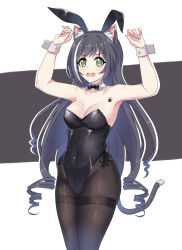 Rule 34 | 1girl, animal ear fluff, animal ears, arms up, black bow, black bowtie, black hair, black leotard, black pantyhose, bow, bowtie, cat ears, cat girl, cat tail, covered navel, detached collar, fake animal ears, green eyes, highleg, highleg leotard, highres, karyl (princess connect!), leotard, long hair, maxwelzy, multicolored hair, open mouth, pantyhose, paw tattoo, playboy bunny, princess connect!, rabbit ears, solo, strapless, strapless leotard, streaked hair, tail, thighband pantyhose, two-tone hair, white hair, wrist cuffs