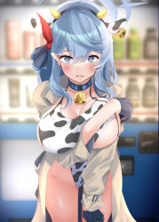 Rule 34 | 1girl, ako (blue archive), animal ears, animal print, beige coat, bell, blue archive, blue eyes, blue hair, blush, breasts, cleavage, coat, coat on shoulders, collarbone, cow ears, cow horns, cow print, cowbell, fake animal ears, gloves, hairband, half gloves, halo, highleg, highleg swimsuit, highres, horns, large breasts, long hair, looking at viewer, neck bell, one-piece swimsuit, open mouth, shirosuzu, sideboob, solo, swimsuit, thighs, white one-piece swimsuit