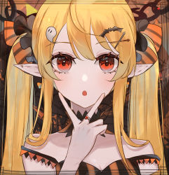 Rule 34 | 1girl, :o, absurdres, ameki rei, bare shoulders, bat hair ornament, black choker, blonde hair, blush, breasts, brown eyes, chain, choker, cleavage, dress, ghost hair ornament, hair ornament, hair ribbon, highres, jewelry, long pointy ears, looking at viewer, nijisanji, nijisanji en, off-shoulder shirt, off shoulder, pointy ears, pomu rainpuff, portrait, ribbon, ring, shirt, small breasts, solo, striped clothes, striped dress, striped ribbon, twintails, v, virtual youtuber