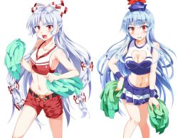 Rule 34 | 2girls, albino, alternate costume, belt, blue hair, blush, bow, breasts, cheerleader, cleavage, cleavage cutout, clothing cutout, e.o., fujiwara no mokou, hair bow, hair ornament, hat, heart, heart cutout, jpeg artifacts, kamishirasawa keine, long hair, looking at viewer, md5 mismatch, midriff, multiple girls, navel, open mouth, pom pom (cheerleading), red eyes, resized, shirt, shorts, simple background, skirt, skirt set, sleeveless, smile, touhou, white background, white hair, wrist cuffs