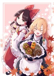 Rule 34 | 2girls, apron, ascot, blonde hair, blush, bow, braid, brown eyes, brown hair, closed eyes, closed mouth, deetamu, detached sleeves, eating, food, frilled apron, frilled skirt, frills, hair bow, hair tubes, hakurei reimu, highres, holding, holding food, japanese clothes, kirisame marisa, long hair, multiple girls, nontraditional miko, open mouth, red bow, red skirt, ribbon-trimmed sleeves, ribbon trim, shirt, sidelocks, single braid, skirt, smile, sweet potato, touhou, waist apron, white apron, white shirt, white sleeves, wide sleeves, yellow ascot