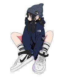 Rule 34 | 1girl, beanie, black hair, blue hoodie, blush, drawstring, female focus, grey hat, hat, highres, hood, hood down, hoodie, low twintails, nao97122, nike (company), original, oversized clothes, profile, shoes, sidelocks, simple background, sitting, sleeves past wrists, sneakers, socks, solo, the north face, turning head, twintails, white background, white footwear