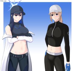 Rule 34 | 2girls, absurdres, bare shoulders, baseball cap, black gloves, black headwear, black pants, black shirt, blonde hair, blue archive, blue background, blue eyes, blue gloves, blue hair, breasts, coat, commentary, cowboy shot, crop top, girls&#039; frontline, gloves, gradient background, hat, highres, large breasts, leggings, long hair, long sleeves, looking at viewer, midriff, multiple girls, navel, off shoulder, open clothes, open coat, pants, saori (blue archive), scar-h (girls&#039; frontline), shirt, sleeveless, sleeveless shirt, standing, stomach, thighs, undercoder, white background, white coat, white headwear