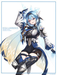 Rule 34 | 1girl, :d, absurdres, adapted costume, alternate costume, arm up, artist name, black gloves, black shorts, black thighhighs, blue hair, cape, commentary, detached sleeves, english commentary, eula (genshin impact), genshin impact, gloves, grey eyes, hair ornament, hairband, head tilt, highres, ichi10art, knee guards, looking at viewer, necktie, open mouth, scarf, short hair, shorts, sidelocks, simple background, smile, solo, standing, standing on one leg, thighhighs, white background, wide sleeves, zettai ryouiki