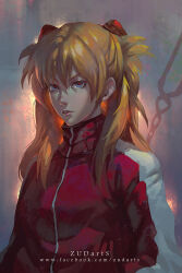 Rule 34 | 1girl, artist name, blue eyes, chain, closed mouth, evangelion: 3.0 you can (not) redo, grey background, hair between eyes, hair ornament, hand in pocket, jacket, lips, long hair, long sleeves, looking at viewer, neon genesis evangelion, orange hair, rebuild of evangelion, red jacket, sidelocks, simple background, solo, souryuu asuka langley, standing, track jacket, two side up, v-shaped eyebrows, zudarts lee