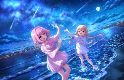 2girls ahoge arm_up blonde_hair blue_hair blush breasts cloud dress earrings fang flip-flops floating_hair food_print full_moon futaba_anzu heart heart_earrings horizon ice_cream_print idolmaster idolmaster_cinderella_girls idolmaster_cinderella_girls_starlight_stage jewelry low_twintails medium_breasts medium_hair moon multicolored_hair multiple_girls night night_sky ocean official_art one_eye_closed open_mouth outdoors pink_dress pink_eyes pink_hair pink_sandals sandals shirt shooting_star short_sleeves sky smile splashing thighs twintails two-tone_dress two-tone_hair v-shaped_eyebrows wading water white_shirt yumemi_riamu